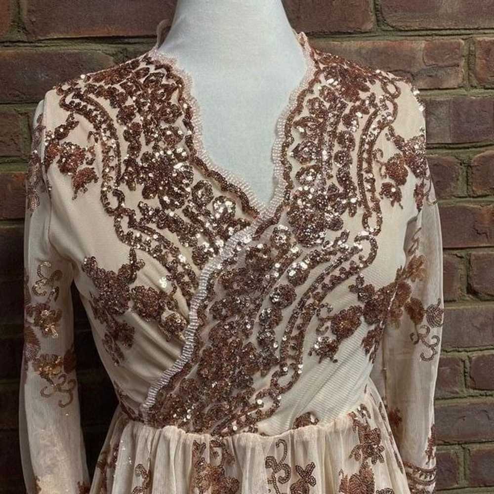 Tan & Bronze Sequin V-Neck Full Skirt Dress NEW - image 3