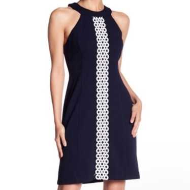 Eliza J Navy Dress Circle Eyelet High Neck Sheath… - image 1