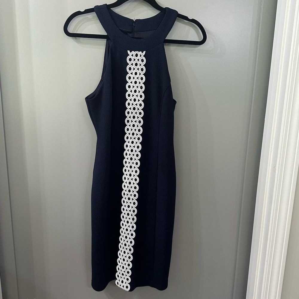 Eliza J Navy Dress Circle Eyelet High Neck Sheath… - image 2