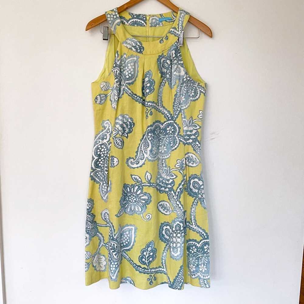 J. McLaughlin Yellow 100% Linen Floral Dress, Siz… - image 1