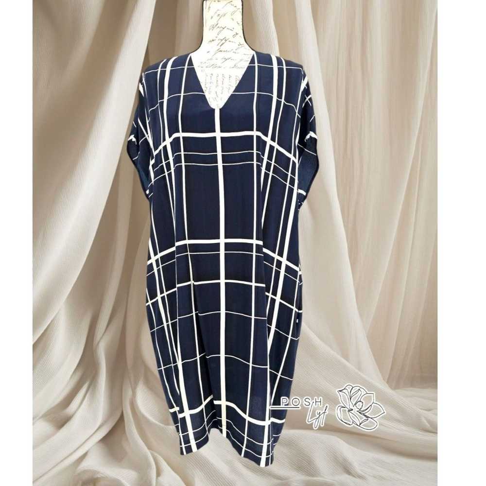 Vince Silk Lattice Windowpane Navy Popover Dress … - image 1