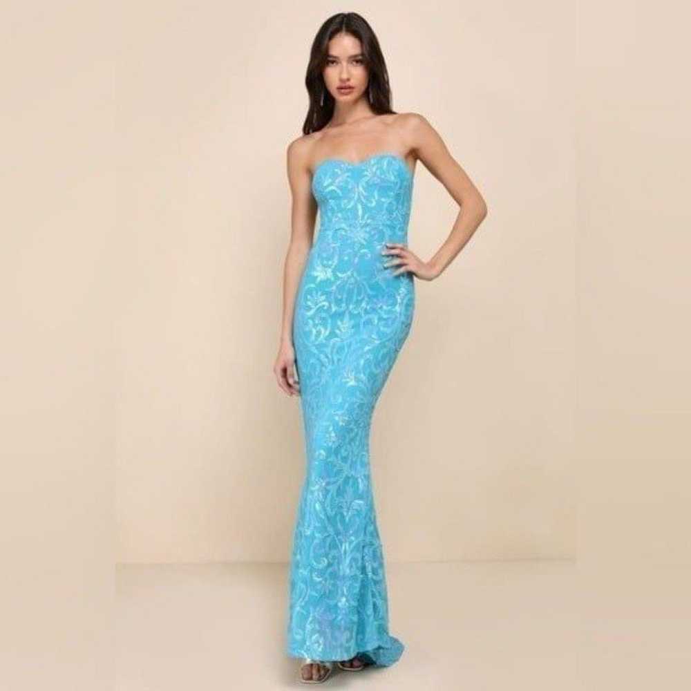 Lulu's Glam Aura Blue Iridescent Sequin Strapless… - image 11