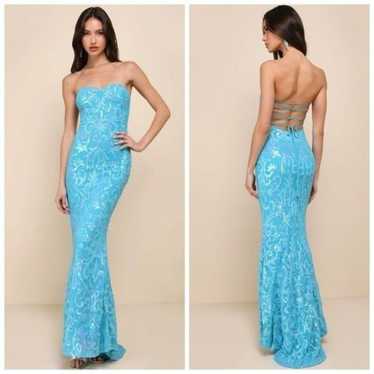 Lulu's Glam Aura Blue Iridescent Sequin Strapless… - image 1