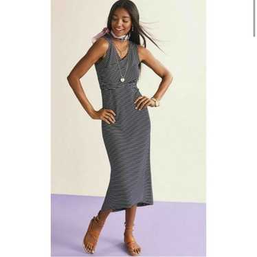 Cabi Launch dress navy blue white striped maxi dre