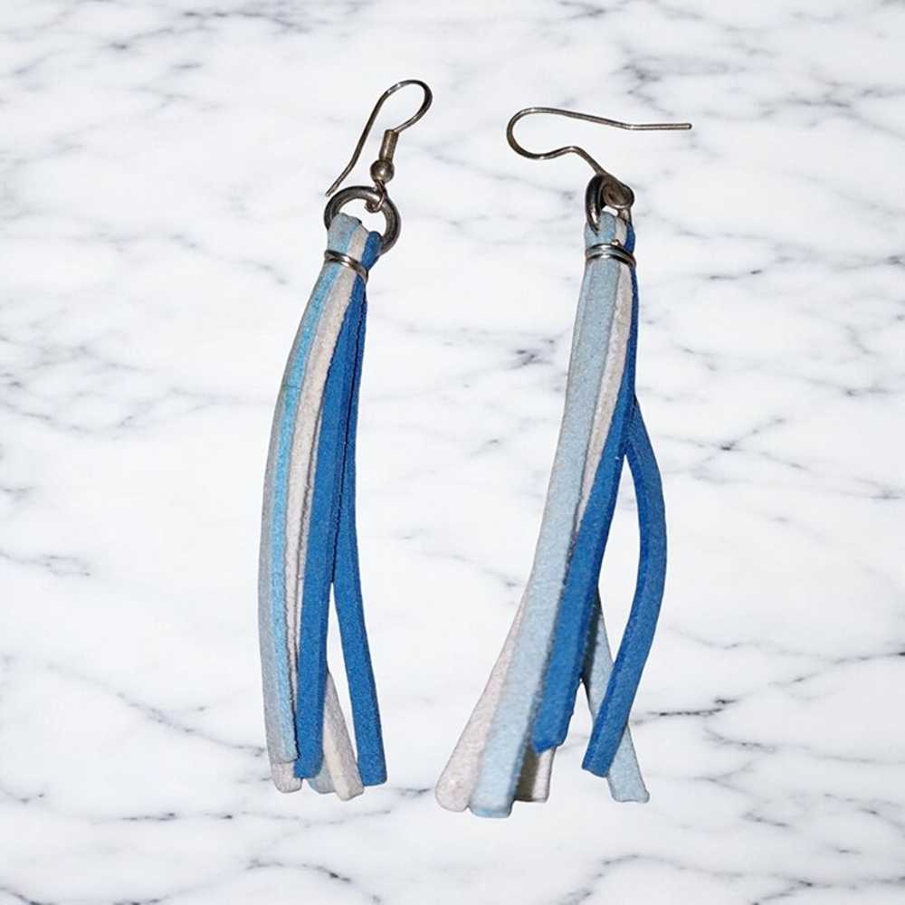 Vintage Handmade Boho Leather Tassel Earrings Blu… - image 1