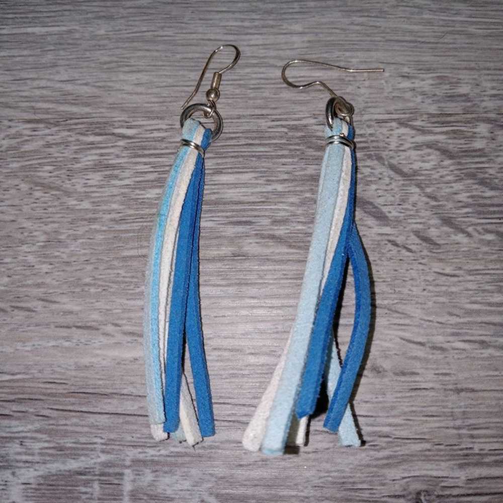 Vintage Handmade Boho Leather Tassel Earrings Blu… - image 5