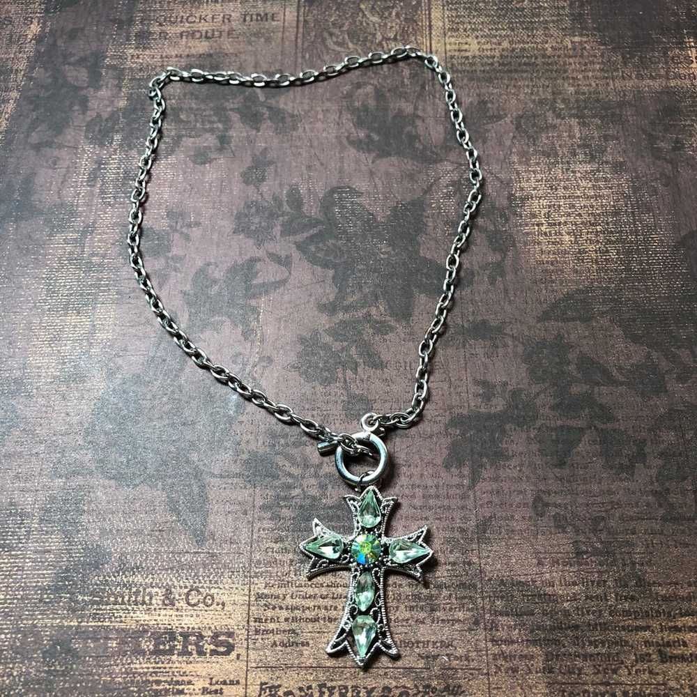 Vintage Silver Tone Bling Cross Necklace - image 1