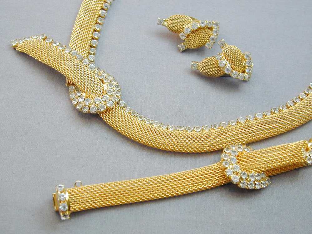 Hobe Gold Tone Mesh & Rhinestone Demi Parure Neck… - image 5