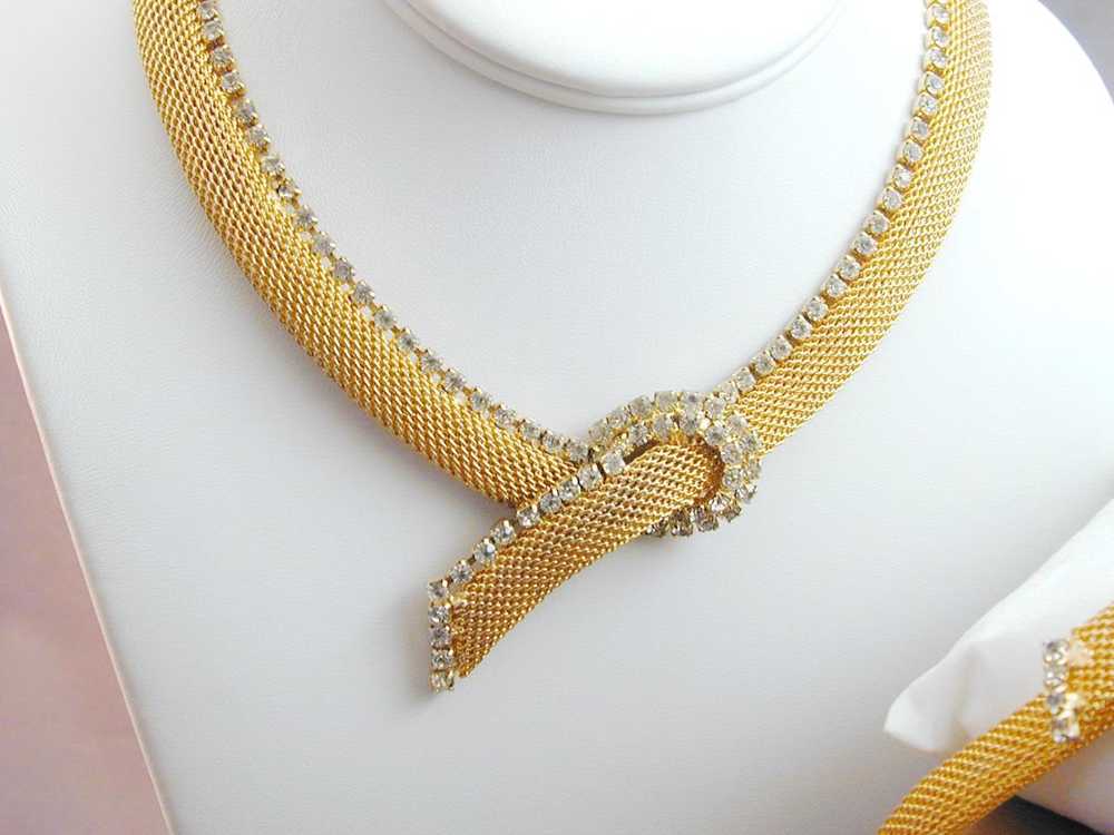 Hobe Gold Tone Mesh & Rhinestone Demi Parure Neck… - image 8