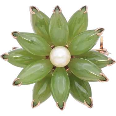 Vintage Yellow Gold Green Jade and Pearl Flower Br