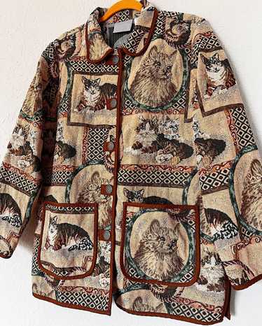 Vintage 90’s Brown Cat Tapestry Jacket Tan Beige