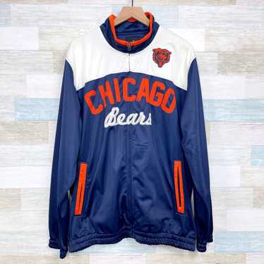 Chicago Bears NFL factory Logo Satin Jacket Blue Mock Neck Retro Spell Out Mens XL