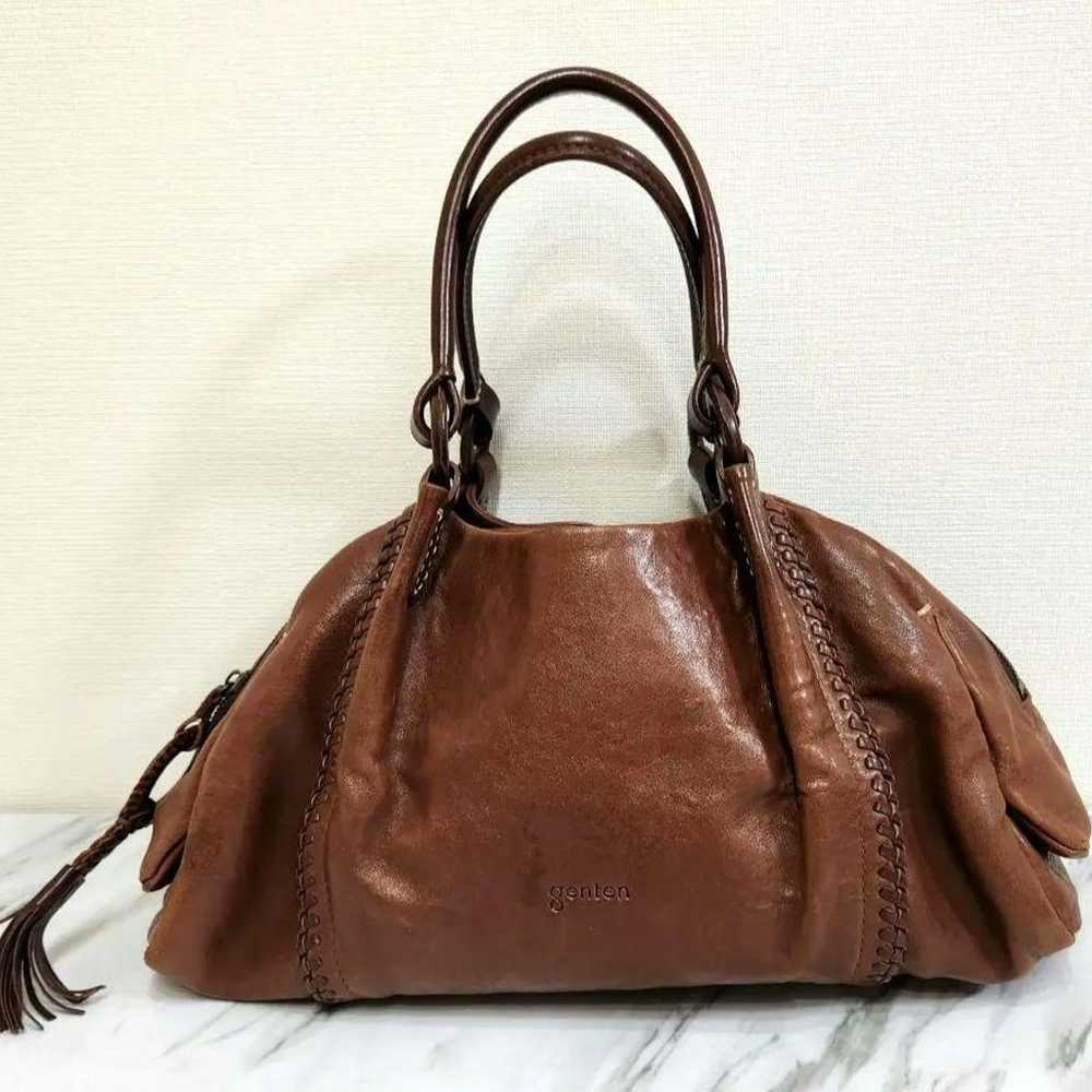 genten tote bag, shoulder strap, handbag, brown - image 4