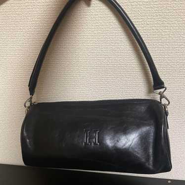 Superb condition HIROFU H black leather handbag.