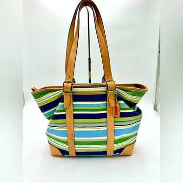 Vintage COACH Hamptons Green Blue & White Stripe Tote Bag