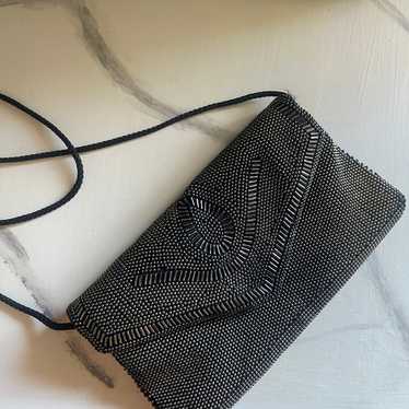 Vintage beaded black satin handbag clutch crossbo… - image 1