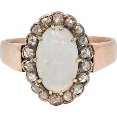 Victorian Opal Rose Cut Diamond 14 Karat Rose Gold