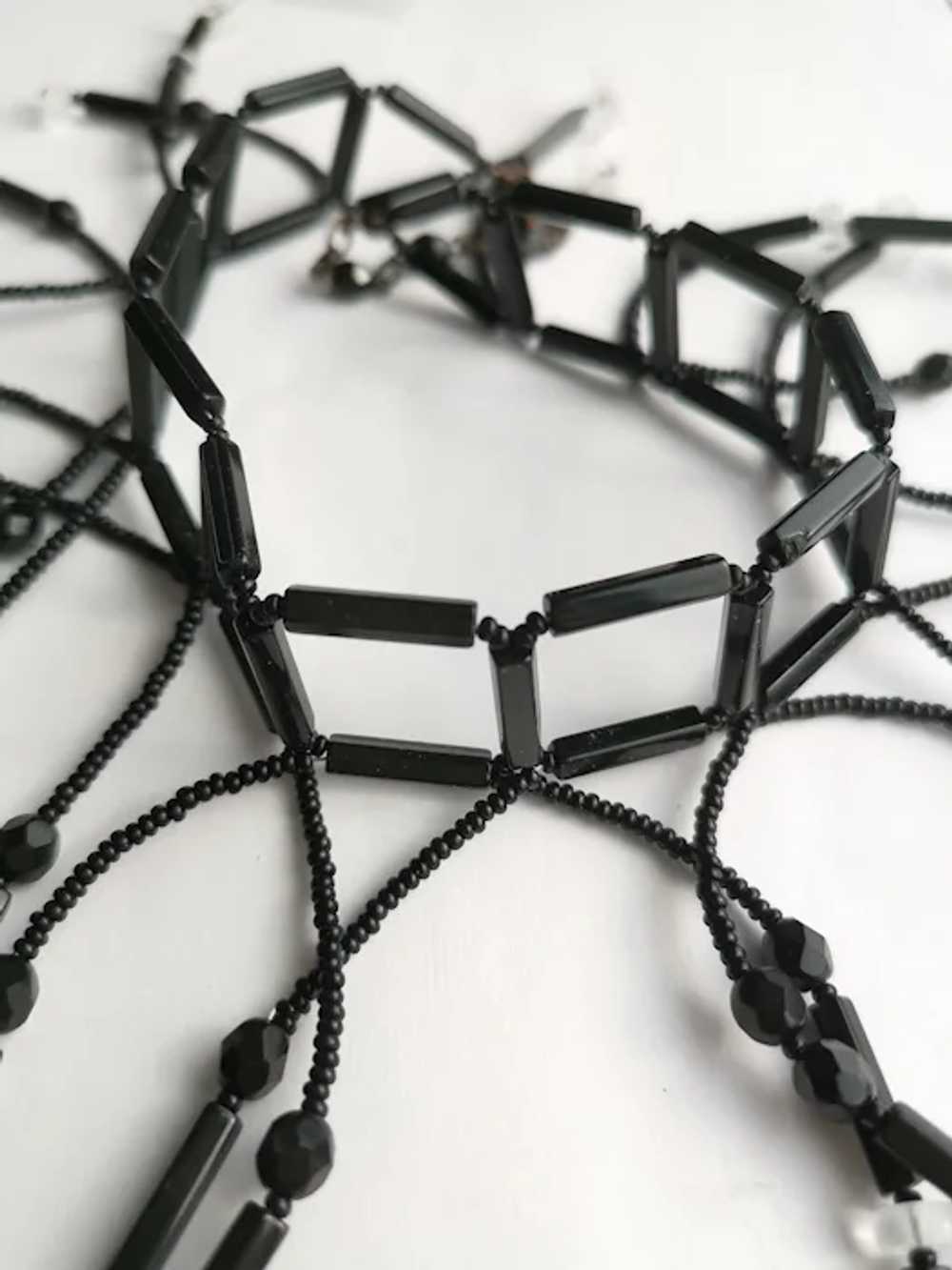 Vintage Czech Black Beaded Cascade Choker Necklace - image 4