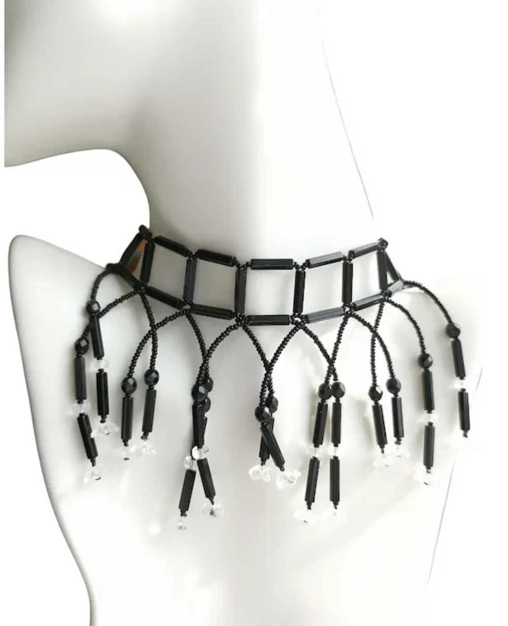 Vintage Czech Black Beaded Cascade Choker Necklace - image 7