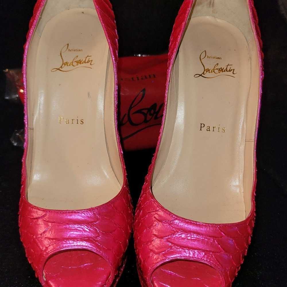 Christian Louboutin Lady Peep Pink Python Heels 3… - image 1