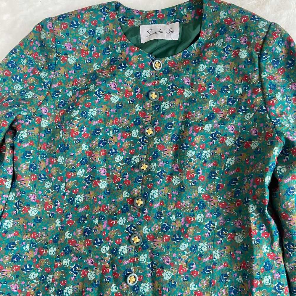 Showa retro one-piece vintage floral flare green - image 3