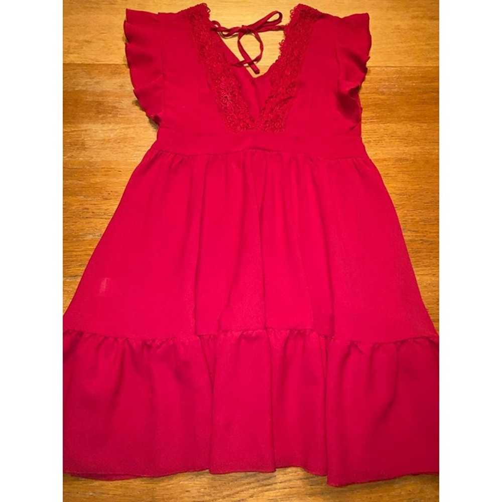 Red Ruffled V-Neck Dress With Lace Trim & Tie Back - image 1