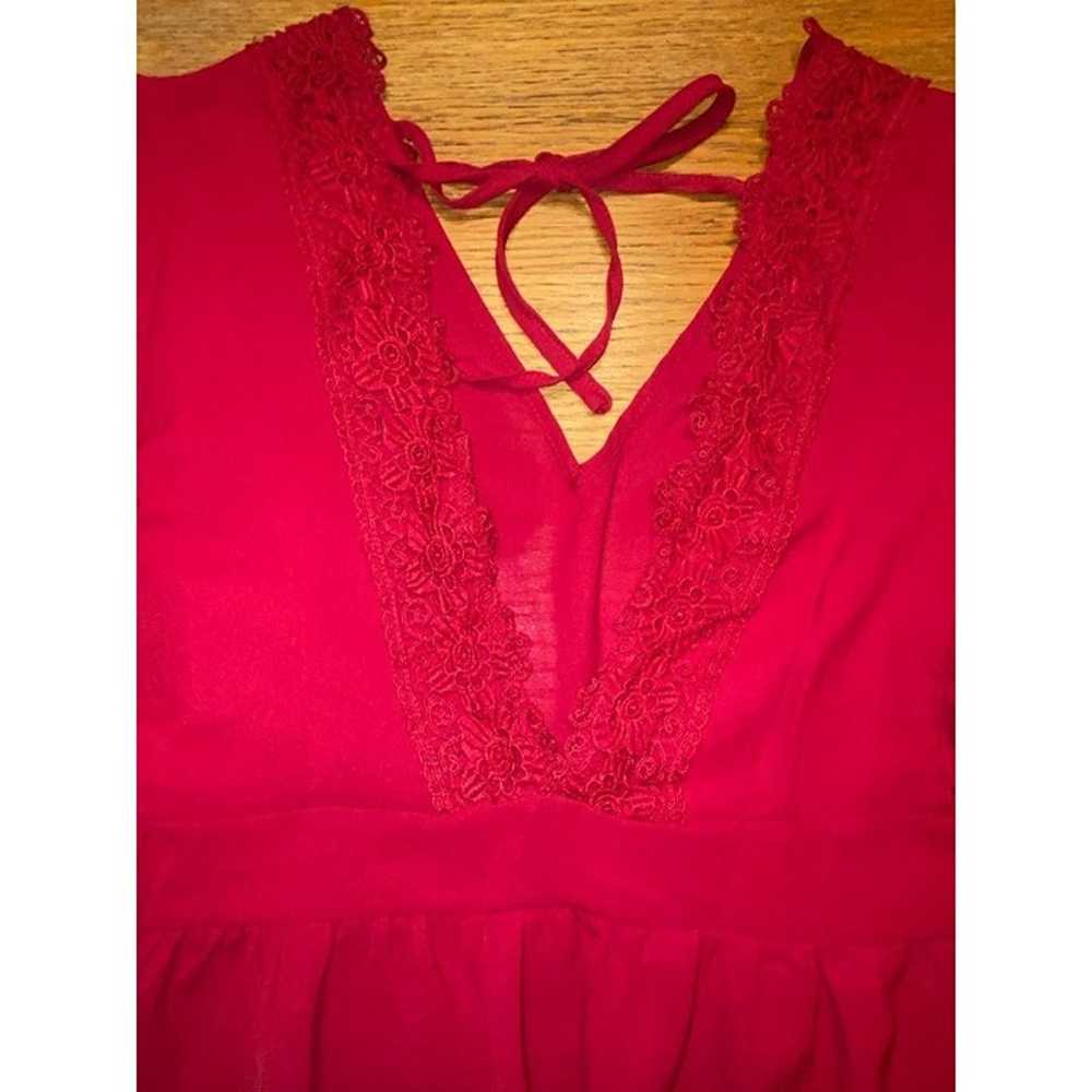 Red Ruffled V-Neck Dress With Lace Trim & Tie Back - image 2