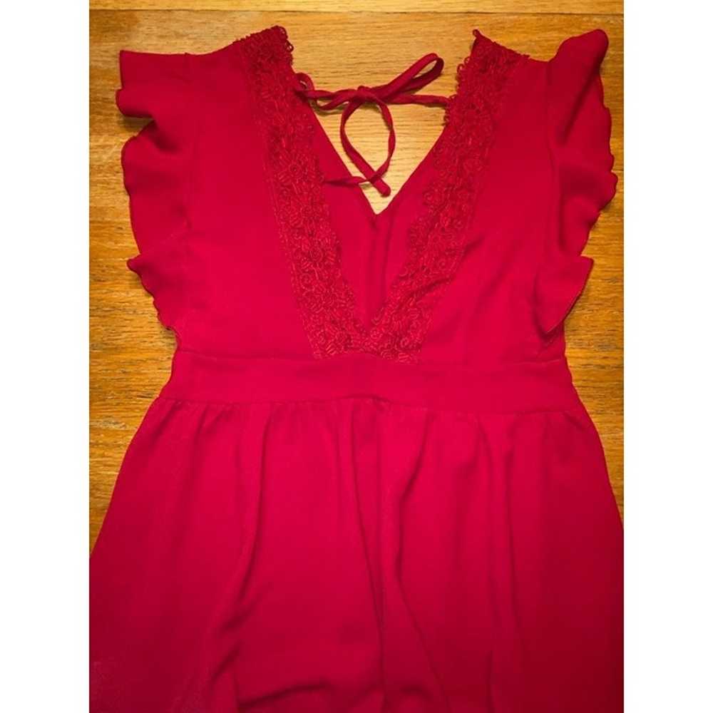 Red Ruffled V-Neck Dress With Lace Trim & Tie Back - image 3