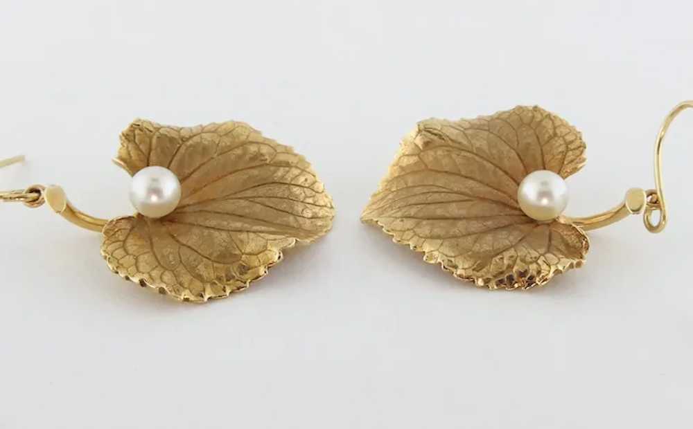 Vintage 14K Yellow Gold & Cultured Pearl Leaf Dan… - image 4