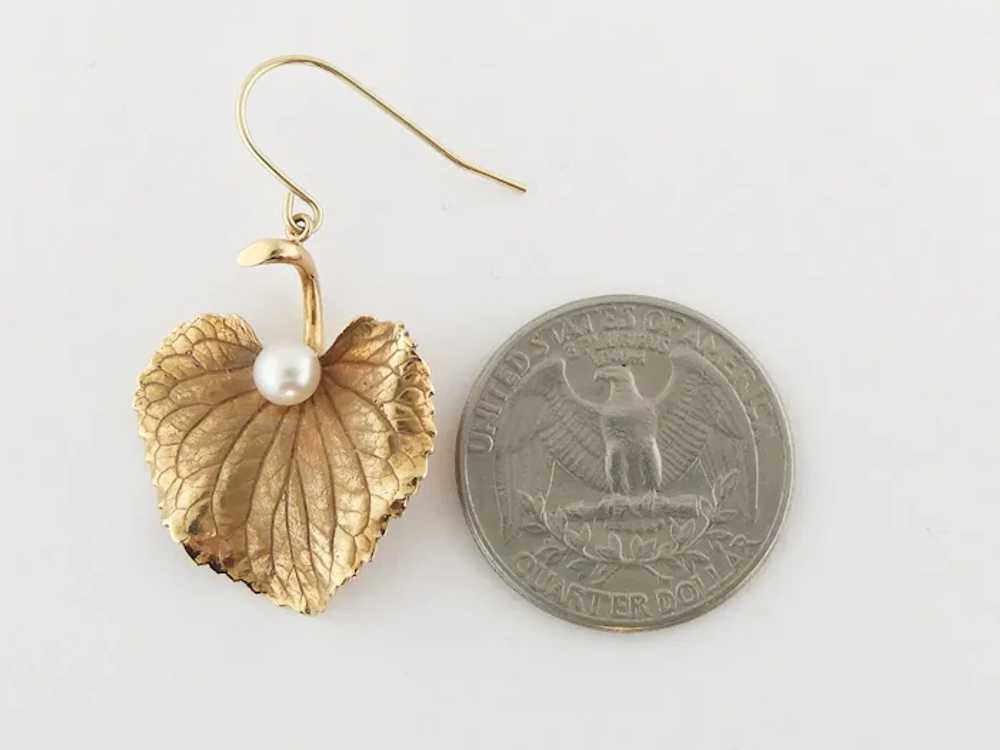 Vintage 14K Yellow Gold & Cultured Pearl Leaf Dan… - image 7