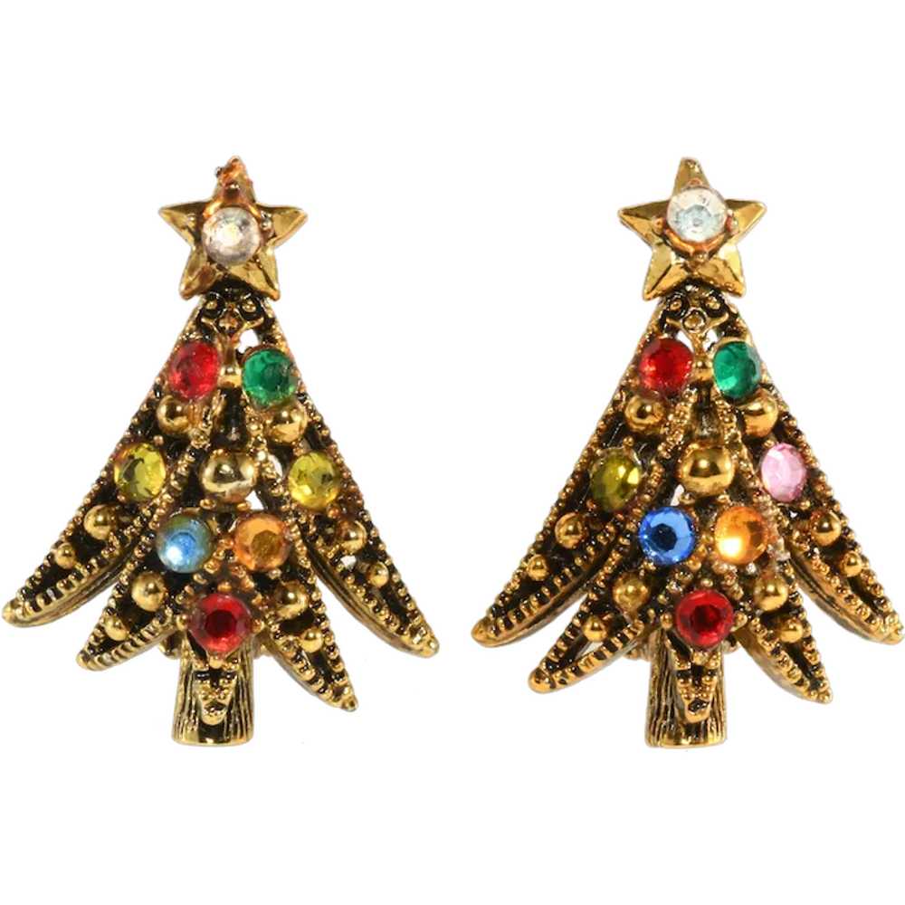 Hollycraft Christmas Tree Earrings Multicolor Rhi… - image 1