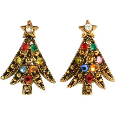 Hollycraft Christmas Tree Earrings Multicolor Rhi… - image 1