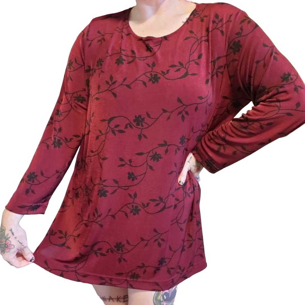 Vintage 90s Y2K Red Black Floral Long Sleeve Blou… - image 1