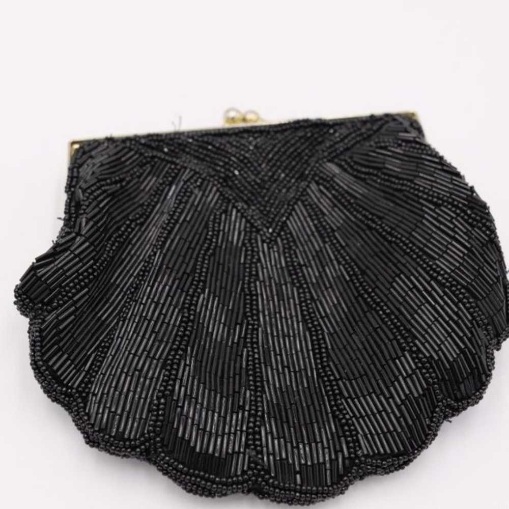 Vintage La Regale Black Beaded Clam Shell Purse C… - image 1