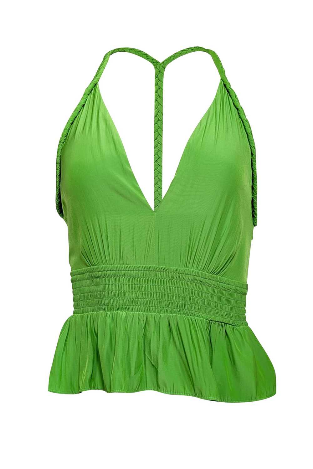 Ramy Brook - Kelly Green Satin Deep-V Peplum Top … - image 1