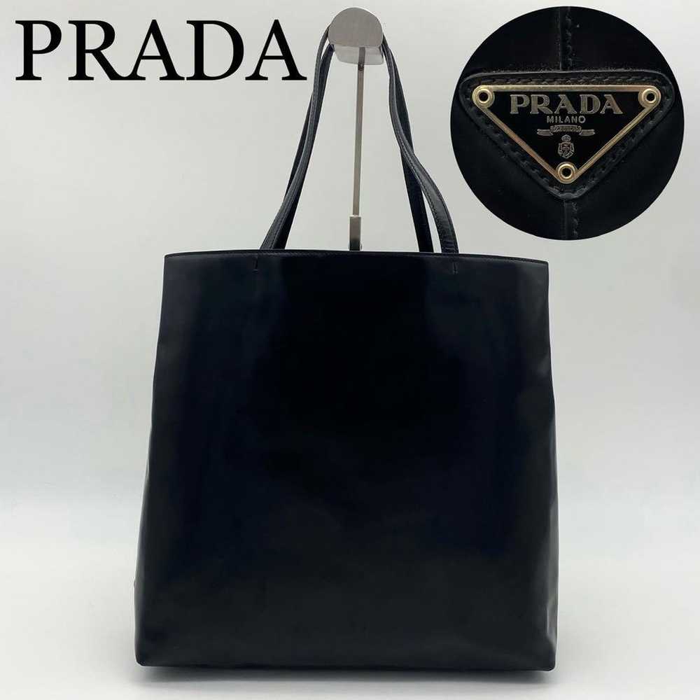 PRADA Tote Bag Triangle Logo Patent Leather Black… - image 1