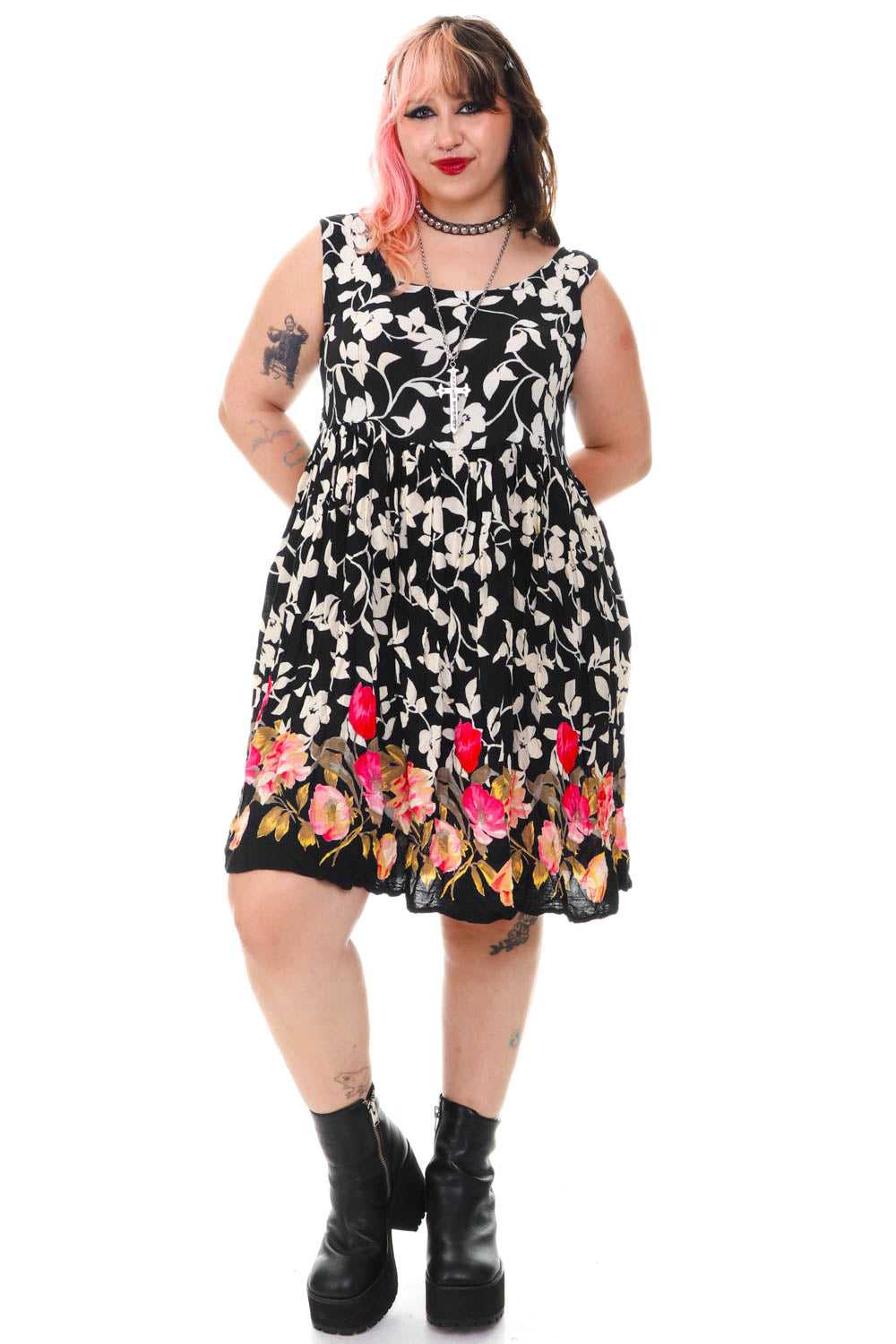 Vintage 90's Black & White Floral Tank Dress - L/… - image 1