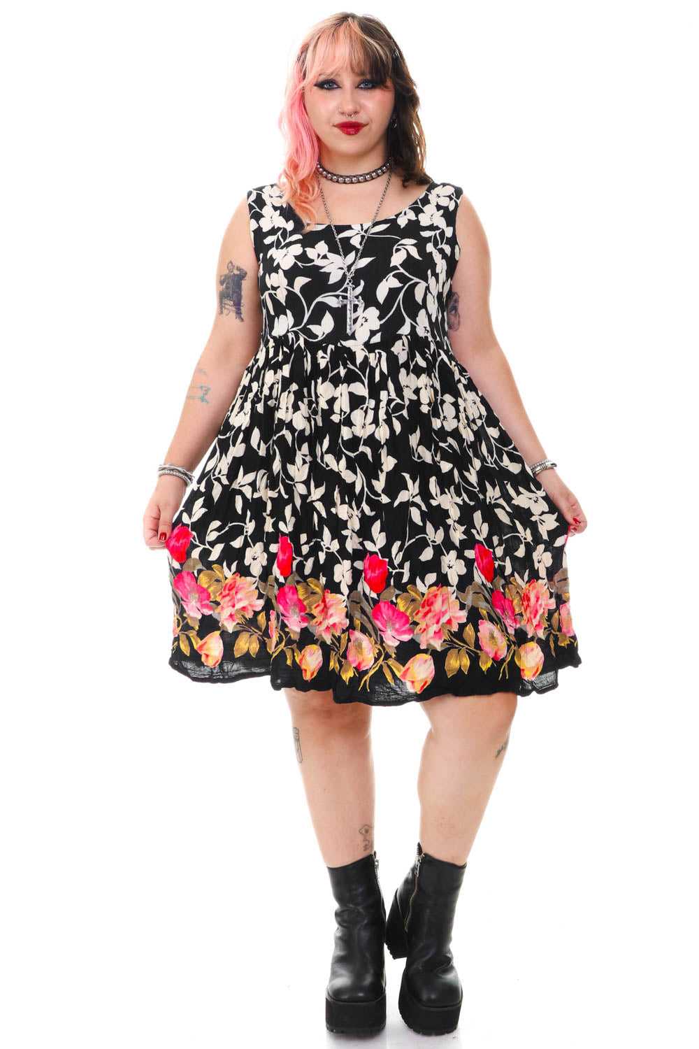 Vintage 90's Black & White Floral Tank Dress - L/… - image 2