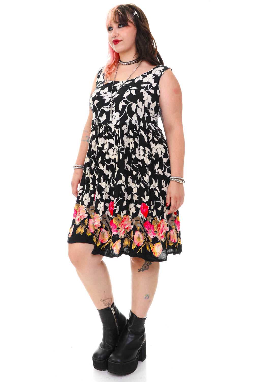 Vintage 90's Black & White Floral Tank Dress - L/… - image 3