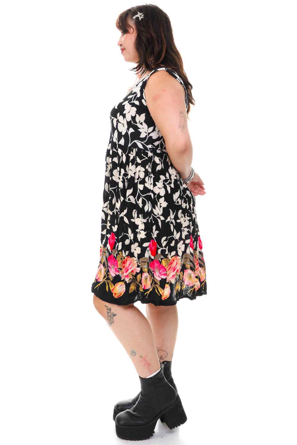 Vintage 90's Black & White Floral Tank Dress - L/… - image 4