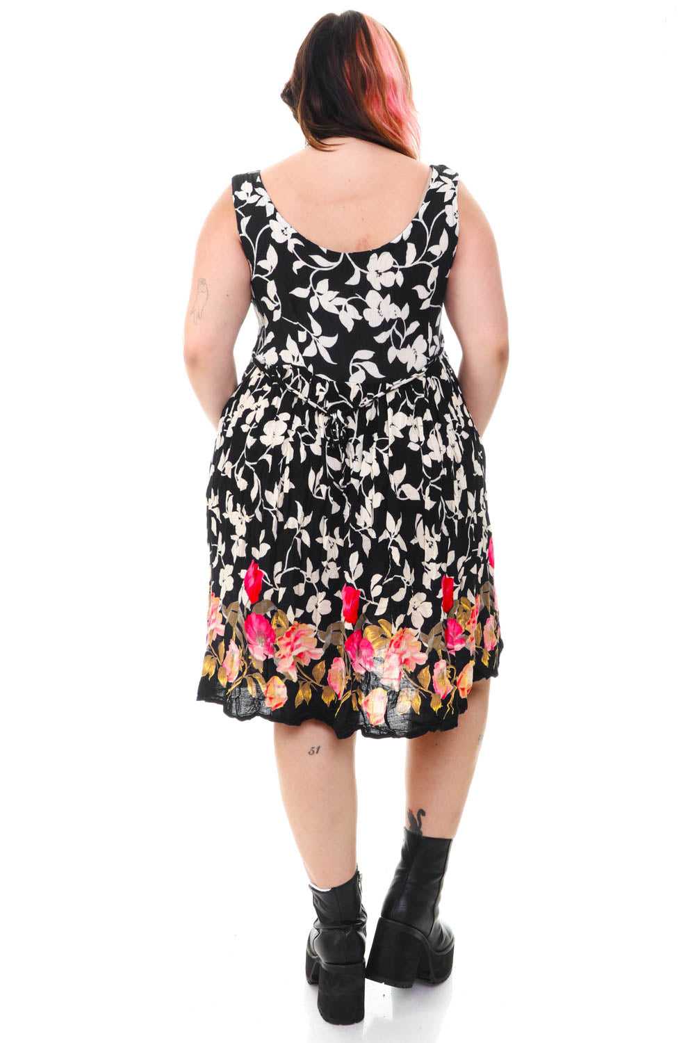 Vintage 90's Black & White Floral Tank Dress - L/… - image 5