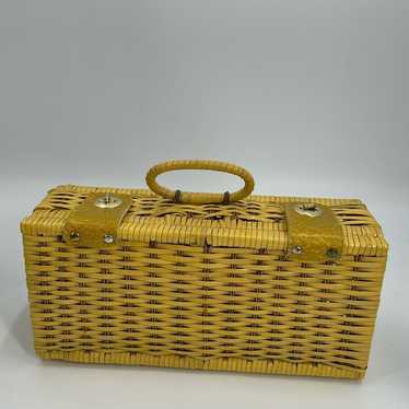 Vintage Yellow Wicker picnic basket handbag - image 1