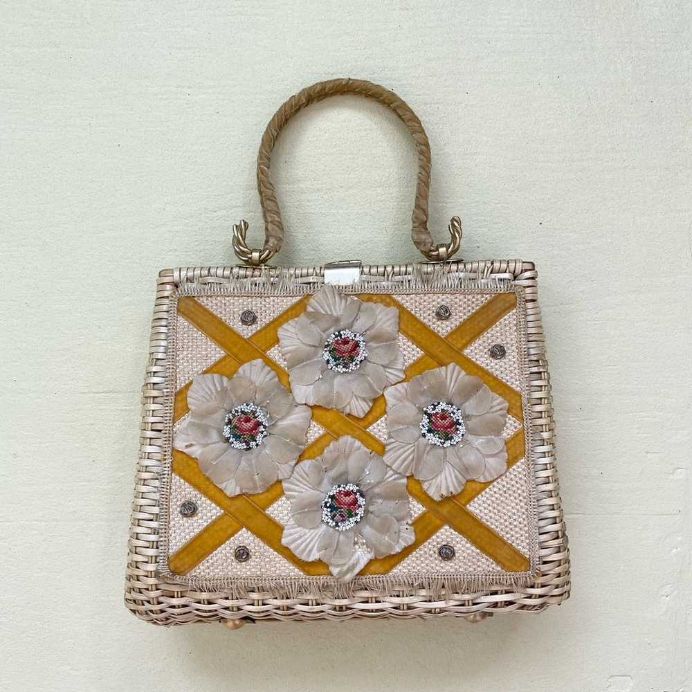 Vintage Wicker Basket Floral Beaded Handbag - image 1