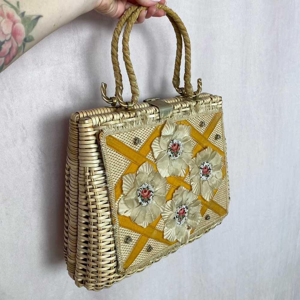 Vintage Wicker Basket Floral Beaded Handbag - image 2