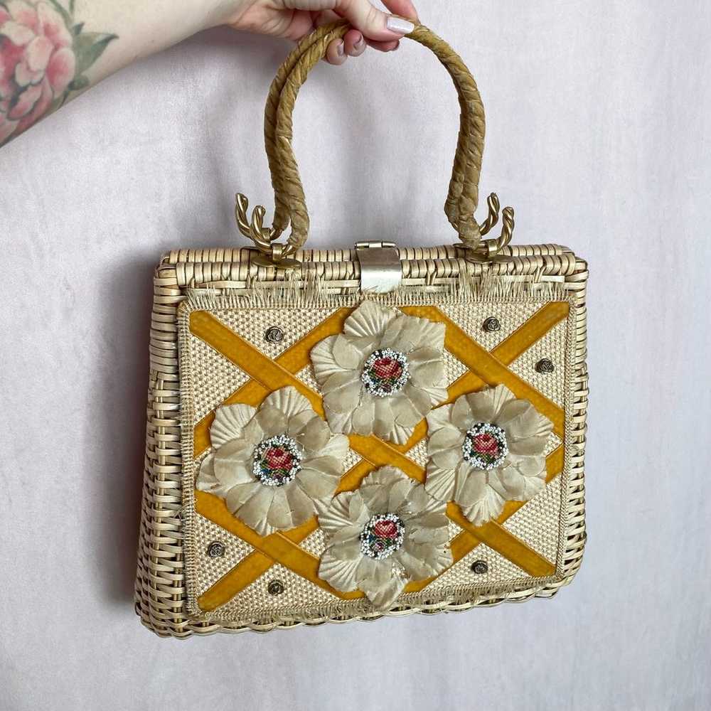 Vintage Wicker Basket Floral Beaded Handbag - image 4