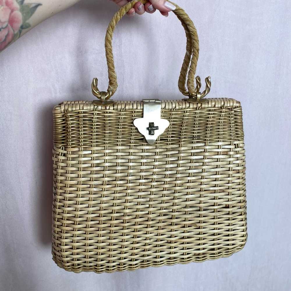 Vintage Wicker Basket Floral Beaded Handbag - image 7