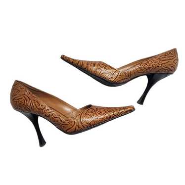 BCBGirls 7B Brown Tooled Leather Square Point Toe 