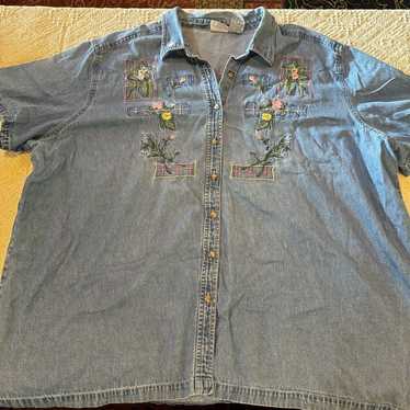 Vintage Bobbie Brooks Denim Shirt Floral Embroide… - image 1