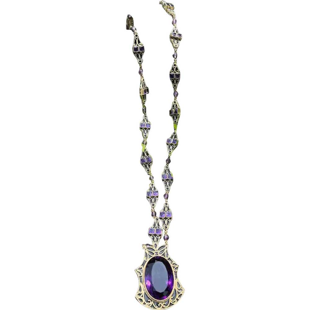 14K Yellow Gold Large Amethyst and Black Enamel N… - image 1