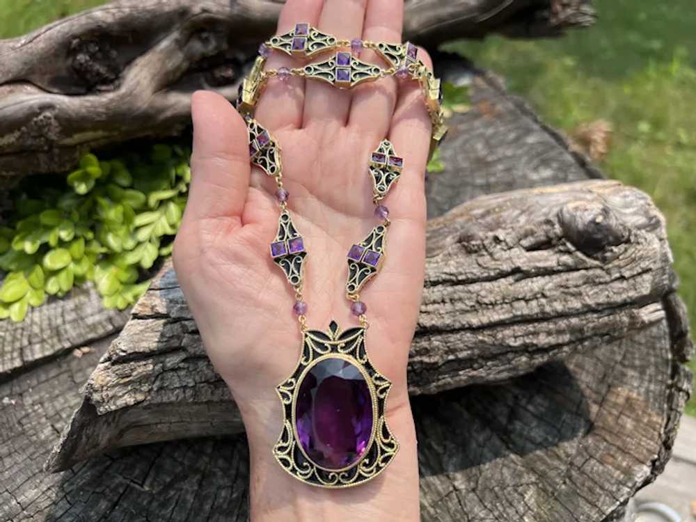 14K Yellow Gold Large Amethyst and Black Enamel N… - image 2